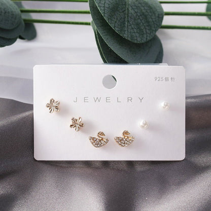 Diamond Gold Small Female Earrings Korean Student Trend Simple Three Pairs Set Earrings-Jewearrings