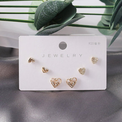 Diamond Gold Small Female Earrings Korean Student Trend Simple Three Pairs Set Earrings-Jewearrings