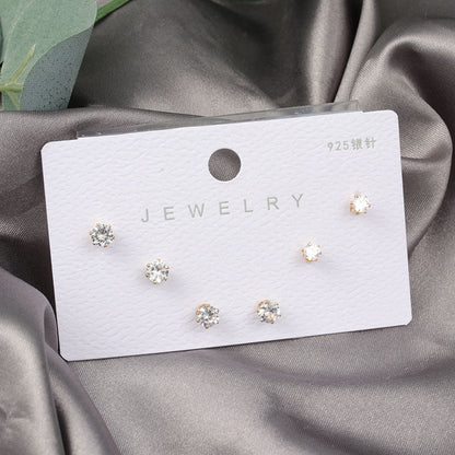 Diamond Gold Small Female Earrings Korean Student Trend Simple Three Pairs Set Earrings-Jewearrings