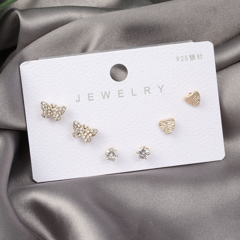 Diamond Gold Small Female Earrings Korean Student Trend Simple Three Pairs Set Earrings-Jewearrings