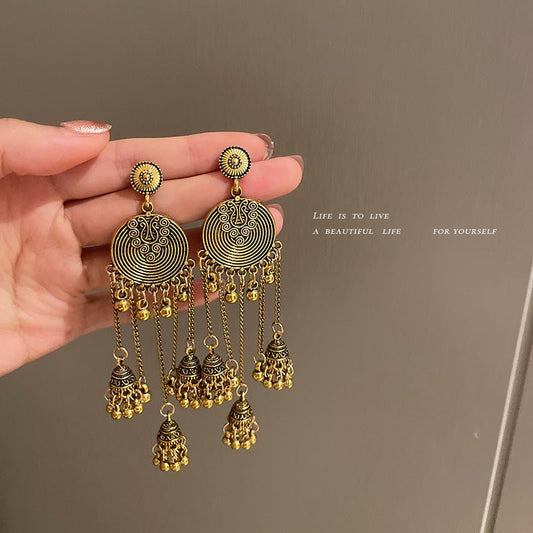 Diamond Retro Tassel Stud Earrings European And American Long Hollow Earrings-Jewearrings