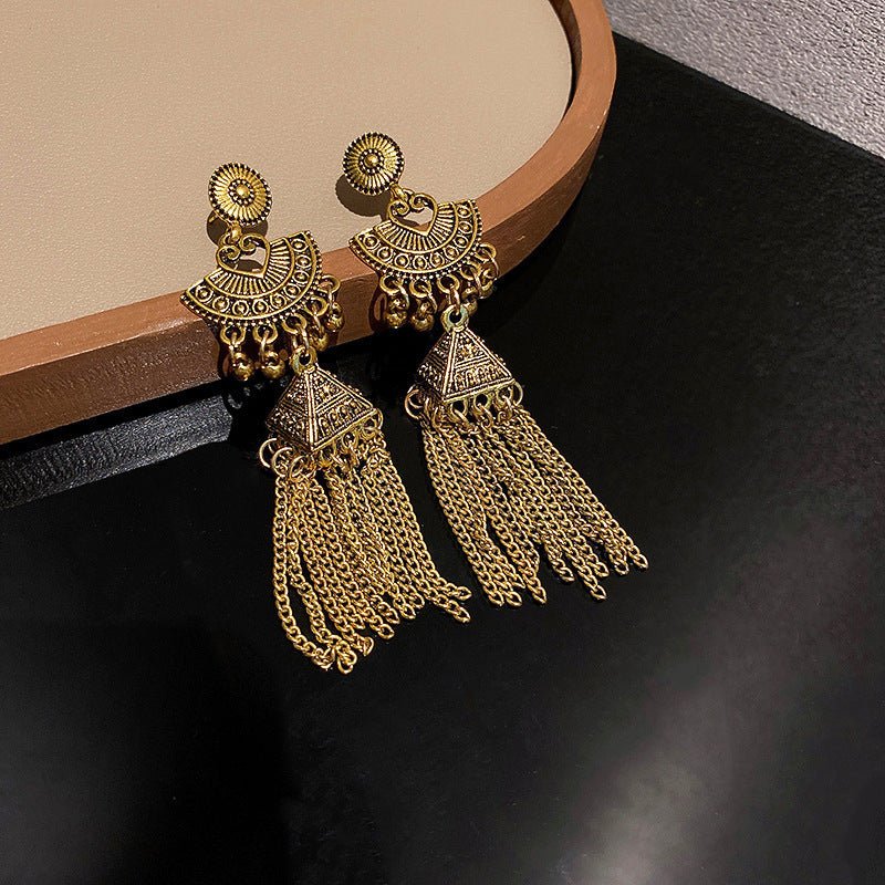 Diamond Retro Tassel Stud Earrings European And American Long Hollow Earrings-Jewearrings