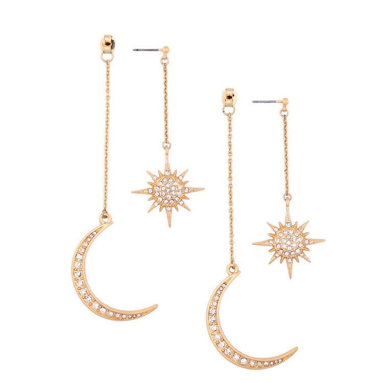 Diamond rhinestone tassel sun moon stud earrings-Jewearrings