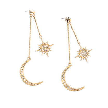 Diamond rhinestone tassel sun moon stud earrings-Jewearrings