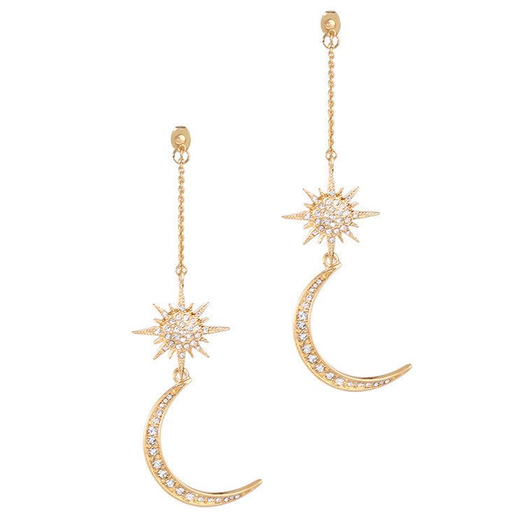 Diamond rhinestone tassel sun moon stud earrings-Jewearrings