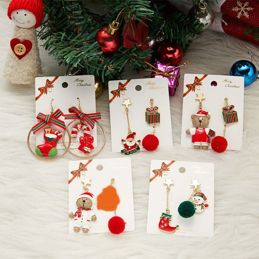 Diamond Santa Snowman Fur Ball Drop Earrings-Jewearrings