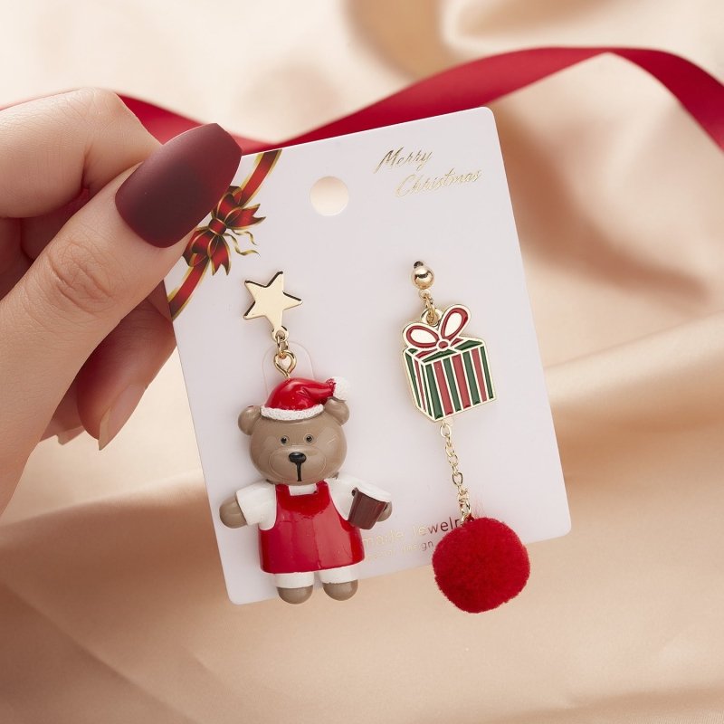 Diamond Santa Snowman Fur Ball Drop Earrings-Jewearrings