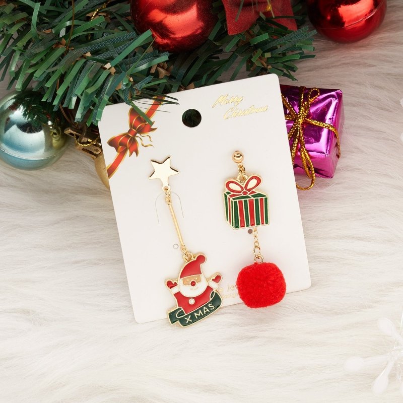 Diamond Santa Snowman Fur Ball Drop Earrings-Jewearrings