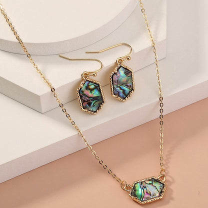 Diamond-shaped natural abalone shell necklace earrings set-Jewearrings