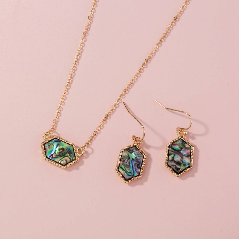 Diamond-shaped natural abalone shell necklace earrings set-Jewearrings