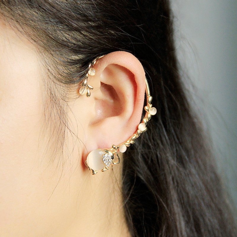 Diamond Studded Earrings Personality Exaggeration Color Diamond Leaf Ear Clip-Jewearrings