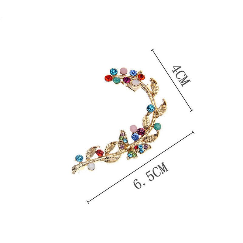 Diamond Studded Earrings Personality Exaggeration Color Diamond Leaf Ear Clip-Jewearrings