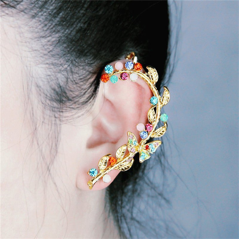 Diamond Studded Earrings Personality Exaggeration Color Diamond Leaf Ear Clip-Jewearrings