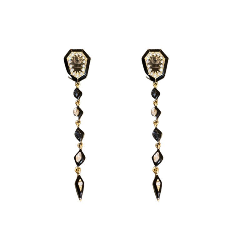 Diamond Studded Geometric Fringed Earrings Dark Black Fashion Design-Jewearrings