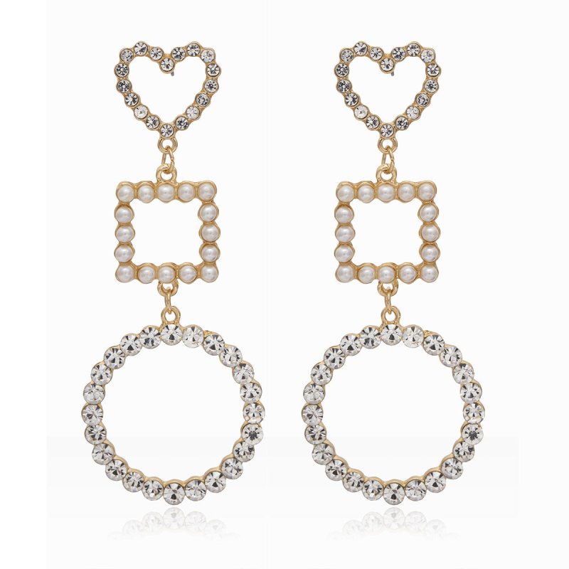 Diamond-studded Pearl Heart-shaped Geometric Stud Earrings-Jewearrings