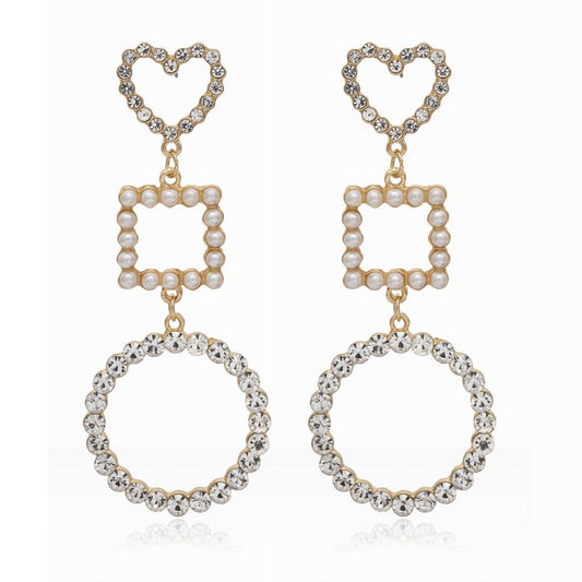 Diamond-studded Pearl Heart-shaped Geometric Stud Earrings-Jewearrings