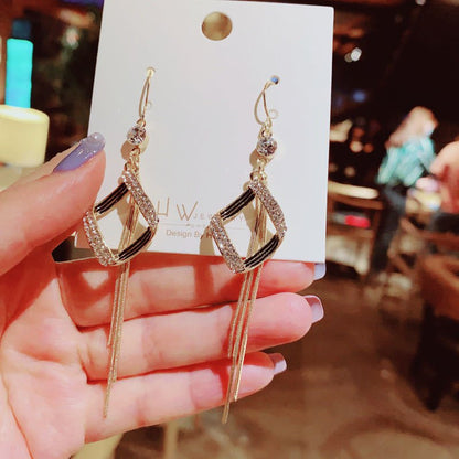 Diamond-Studded Rhombus Tassel Ear Hooks New Wild Temperament Earrings Earrings Retro Style Earrings-Jewearrings