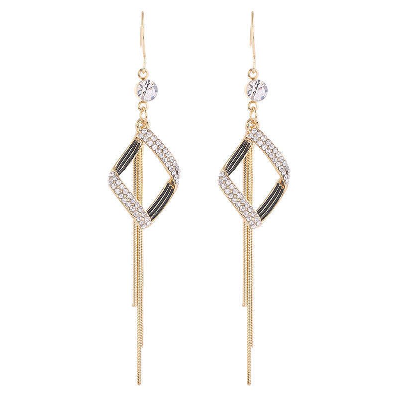 Diamond-Studded Rhombus Tassel Ear Hooks New Wild Temperament Earrings Earrings Retro Style Earrings-Jewearrings