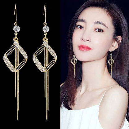 Diamond-Studded Rhombus Tassel Ear Hooks New Wild Temperament Earrings Earrings Retro Style Earrings-Jewearrings