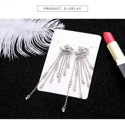 Diamond Studded Star Tassel Chain Back Hanging Earrings-Jewearrings