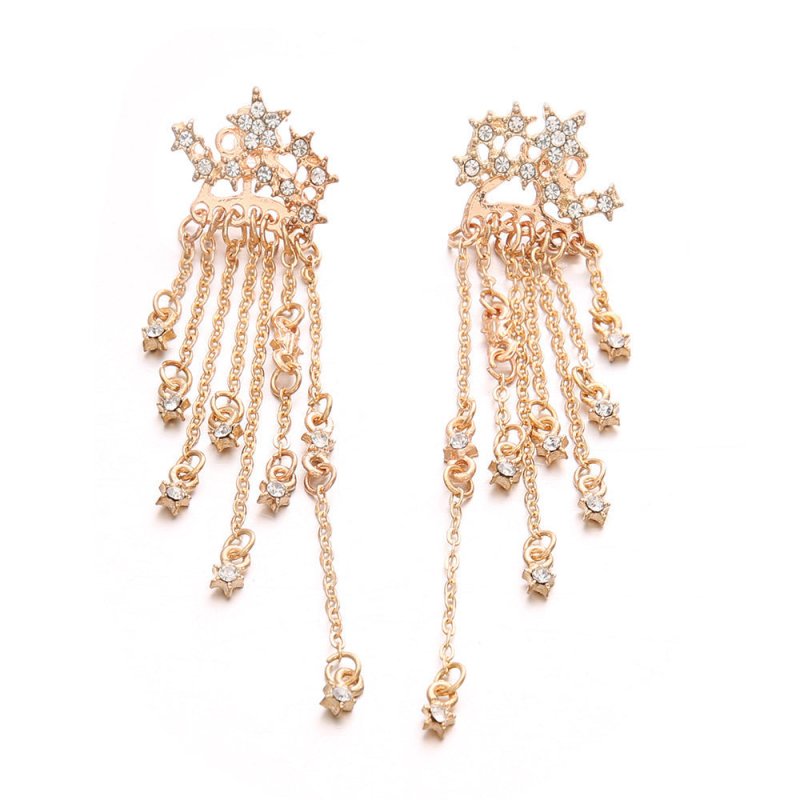 Diamond Studded Star Tassel Chain Back Hanging Earrings-Jewearrings