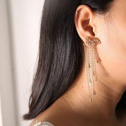 Diamond Studded Star Tassel Chain Back Hanging Earrings-Jewearrings