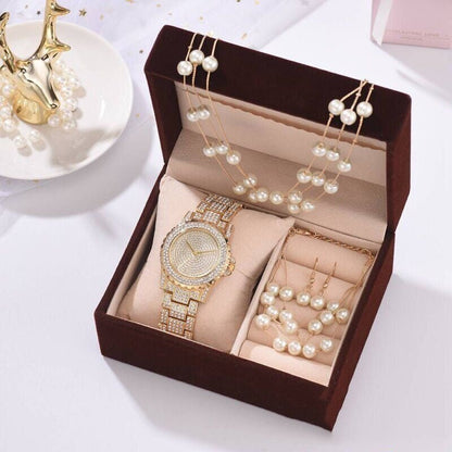 Diamond Watch Pearl Bracelet Earrings Necklace Set For Women-Jewearrings