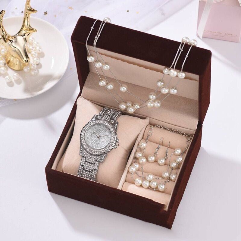 Diamond Watch Pearl Bracelet Earrings Necklace Set For Women-Jewearrings