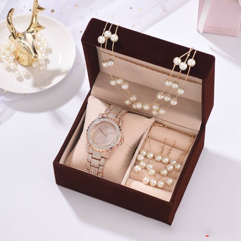 Diamond Watch Pearl Bracelet Earrings Necklace Set For Women-Jewearrings