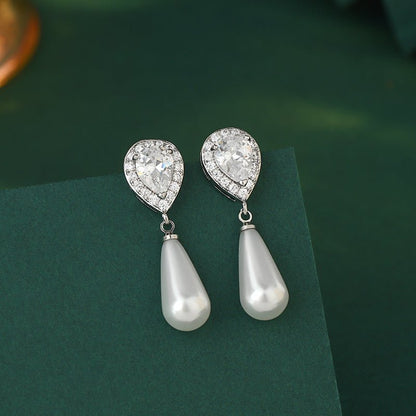 Diamond Water Drop Pearl Eardrops Stud Earrings-Jewearrings