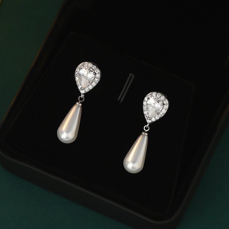 Diamond Water Drop Pearl Eardrops Stud Earrings-Jewearrings