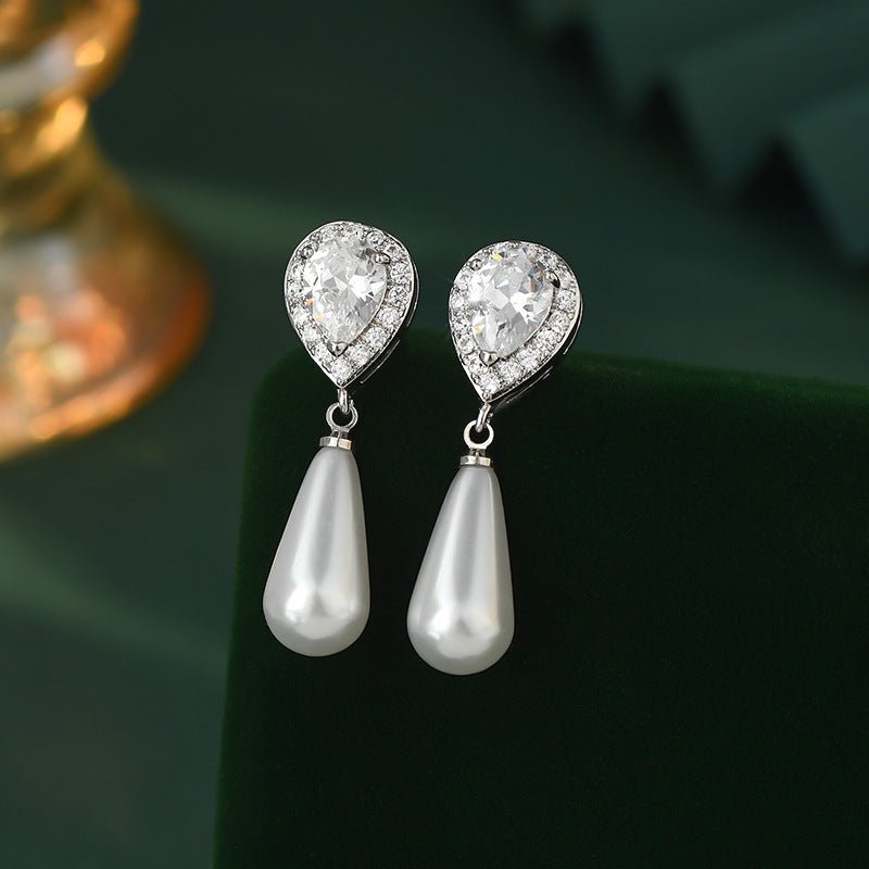 Diamond Water Drop Pearl Eardrops Stud Earrings-Jewearrings