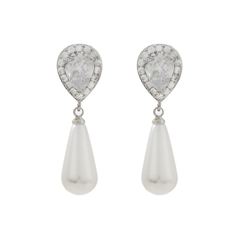 Diamond Water Drop Pearl Eardrops Stud Earrings-Jewearrings