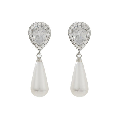 Diamond Water Drop Pearl Eardrops Stud Earrings-Jewearrings