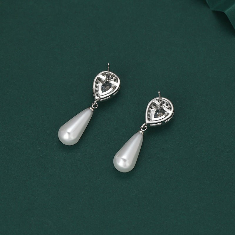 Diamond Water Drop Pearl Eardrops Stud Earrings-Jewearrings