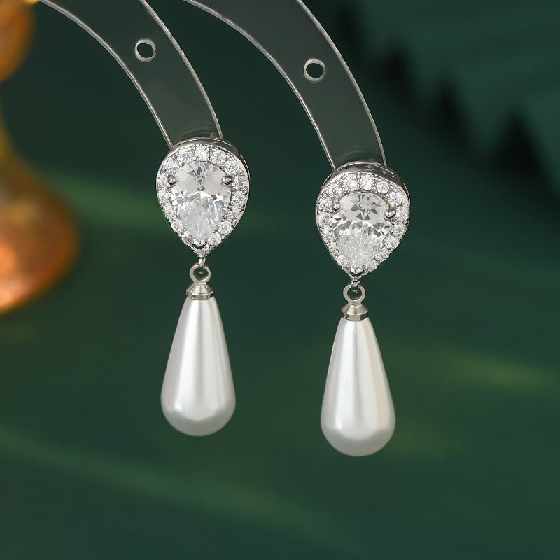 Diamond Water Drop Pearl Eardrops Stud Earrings-Jewearrings