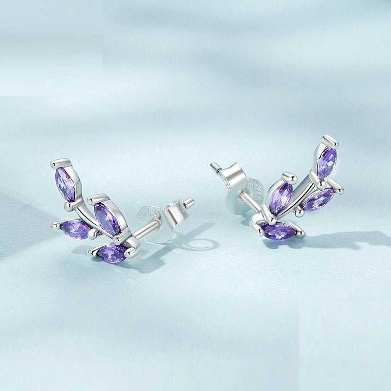 Diamond Zircon Sterling Silver S925 Purple Branch Stud Earrings-Jewearrings