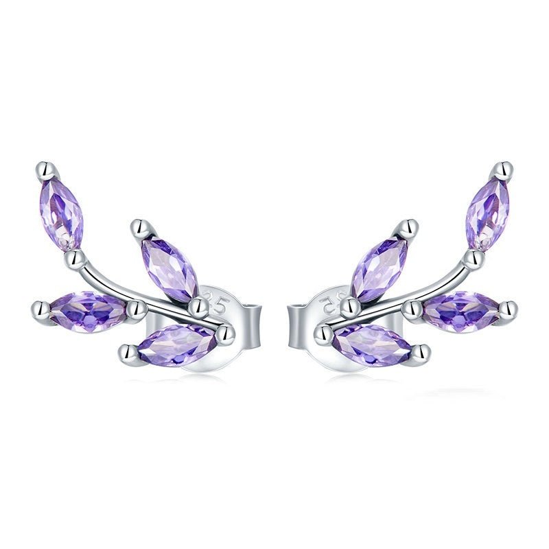 Diamond Zircon Sterling Silver S925 Purple Branch Stud Earrings-Jewearrings