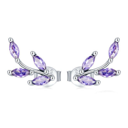 Diamond Zircon Sterling Silver S925 Purple Branch Stud Earrings-Jewearrings