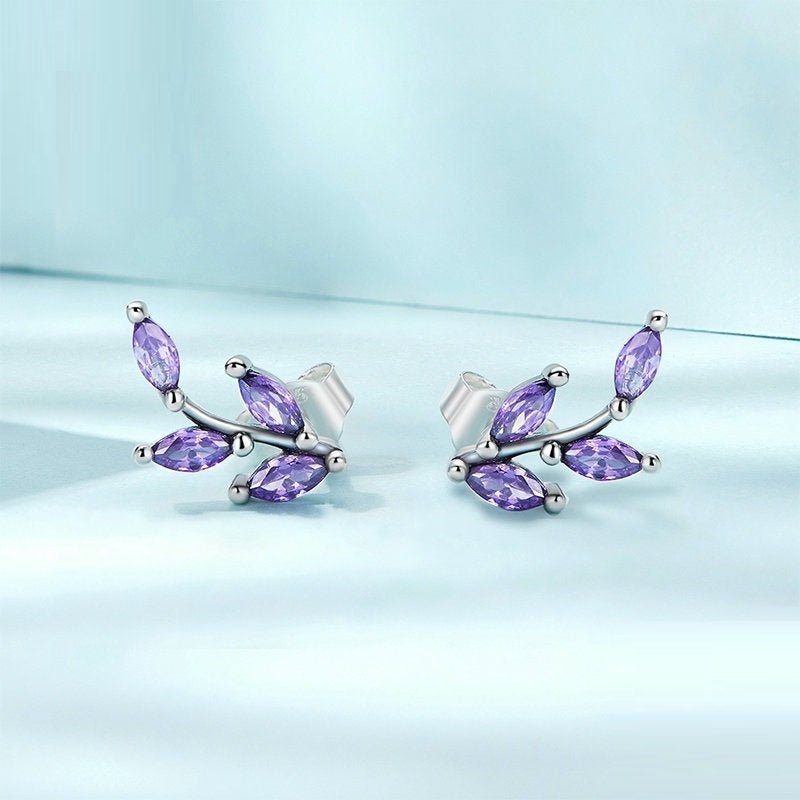 Diamond Zircon Sterling Silver S925 Purple Branch Stud Earrings-Jewearrings