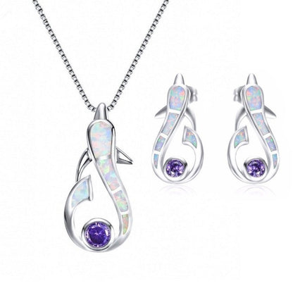 Dolphin Earrings Opal Necklace Set-Jewearrings