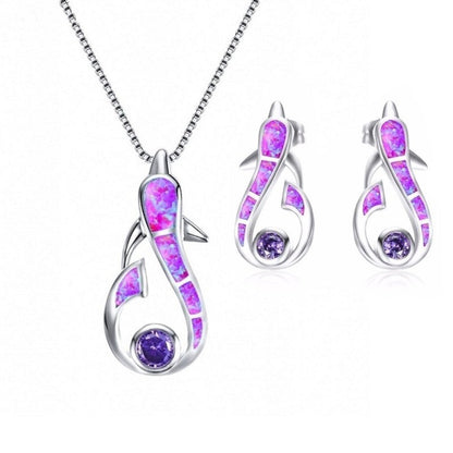 Dolphin Earrings Opal Necklace Set-Jewearrings