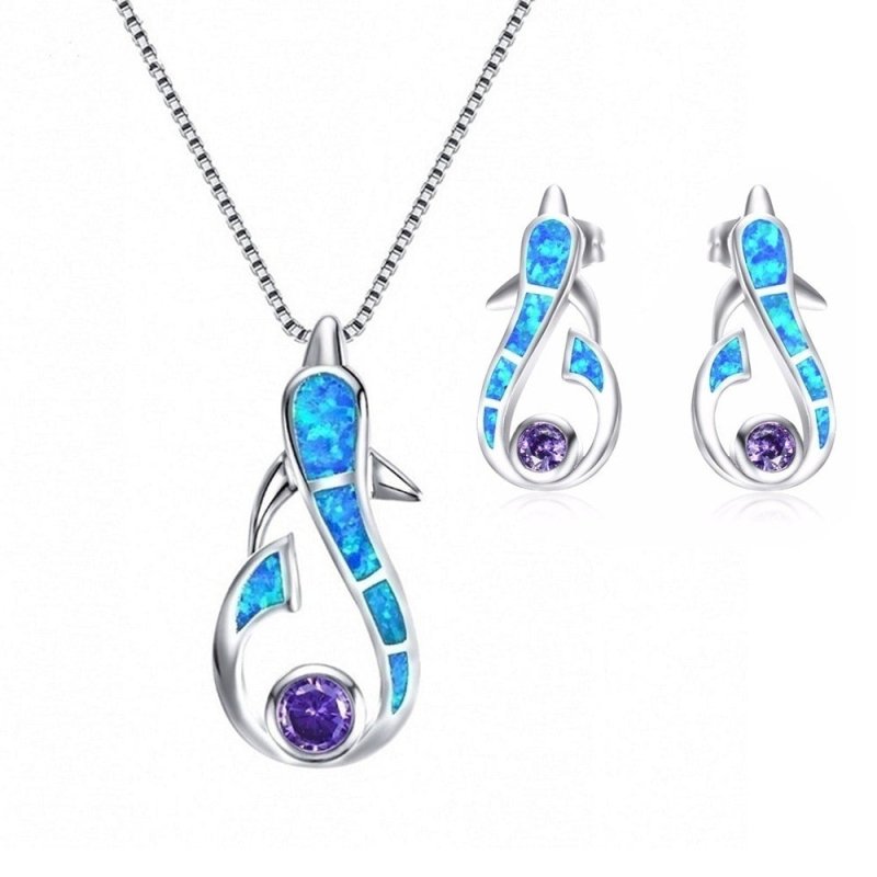 Dolphin Earrings Opal Necklace Set-Jewearrings