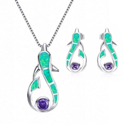 Dolphin Earrings Opal Necklace Set-Jewearrings