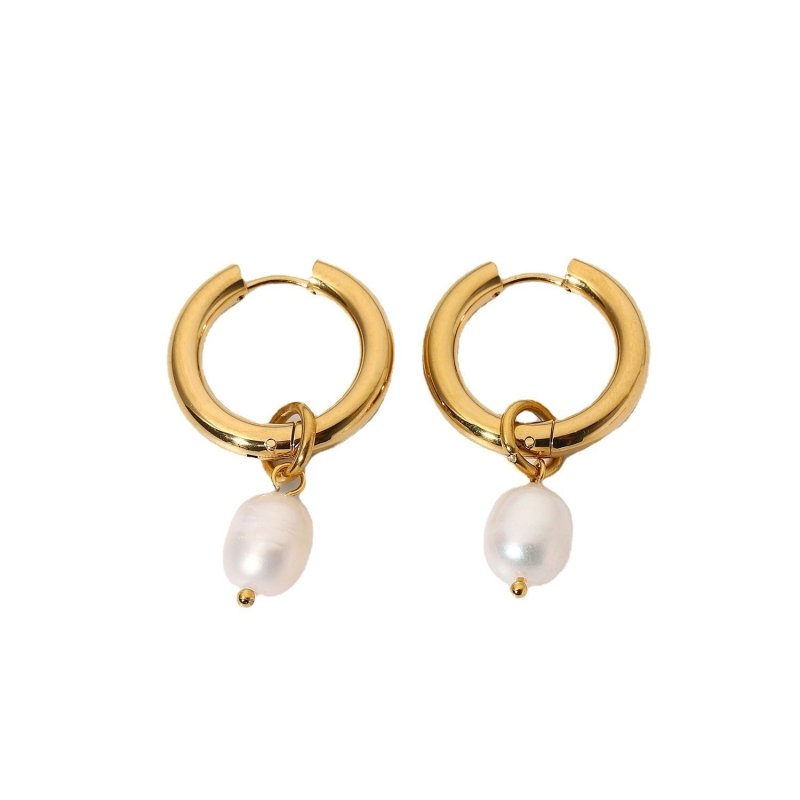 Double Freshwater Pearl Pendant Double Gold Plated Stainless Steel Earrings-Jewearrings