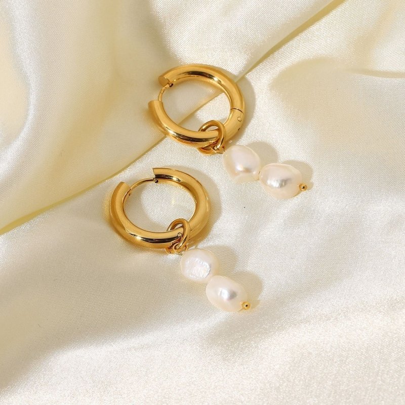 Double Freshwater Pearl Pendant Double Gold Plated Stainless Steel Earrings-Jewearrings