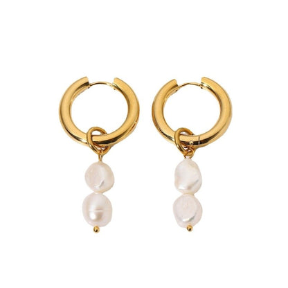 Double Freshwater Pearl Pendant Double Gold Plated Stainless Steel Earrings-Jewearrings