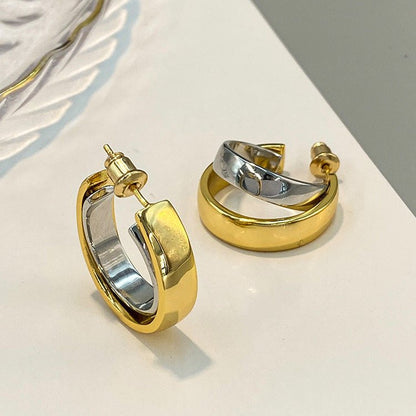 Double Hoop Earrings Gold & Silver Contrast-Jewearrings