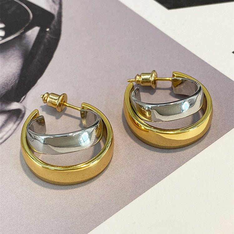 Double Hoop Earrings Gold & Silver Contrast-Jewearrings