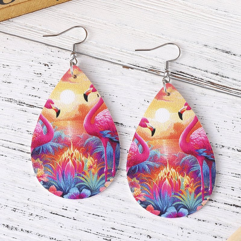 Double-sided Printed PU Leather Flamingo Earrings-Jewearrings